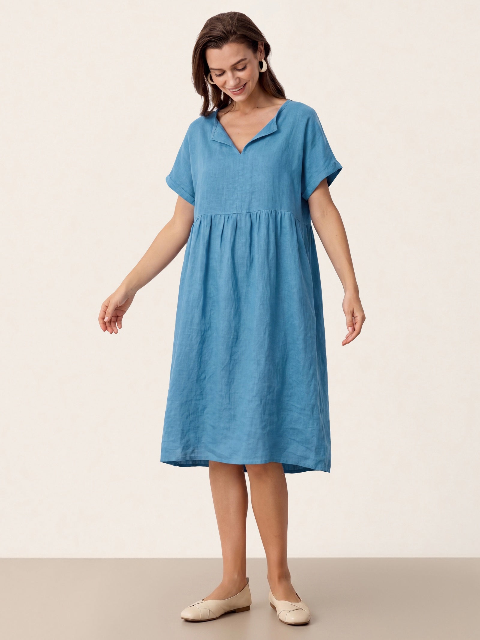 Linen Gathered-Hem Split-Neck Mini Dress SYDNEY