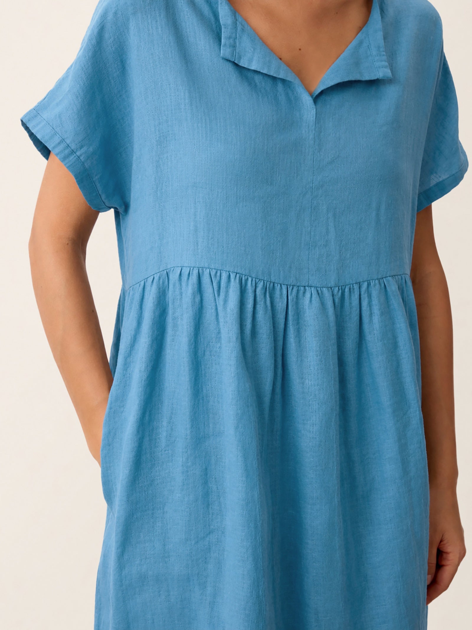 Linen Gathered-Hem Split-Neck Mini Dress SYDNEY