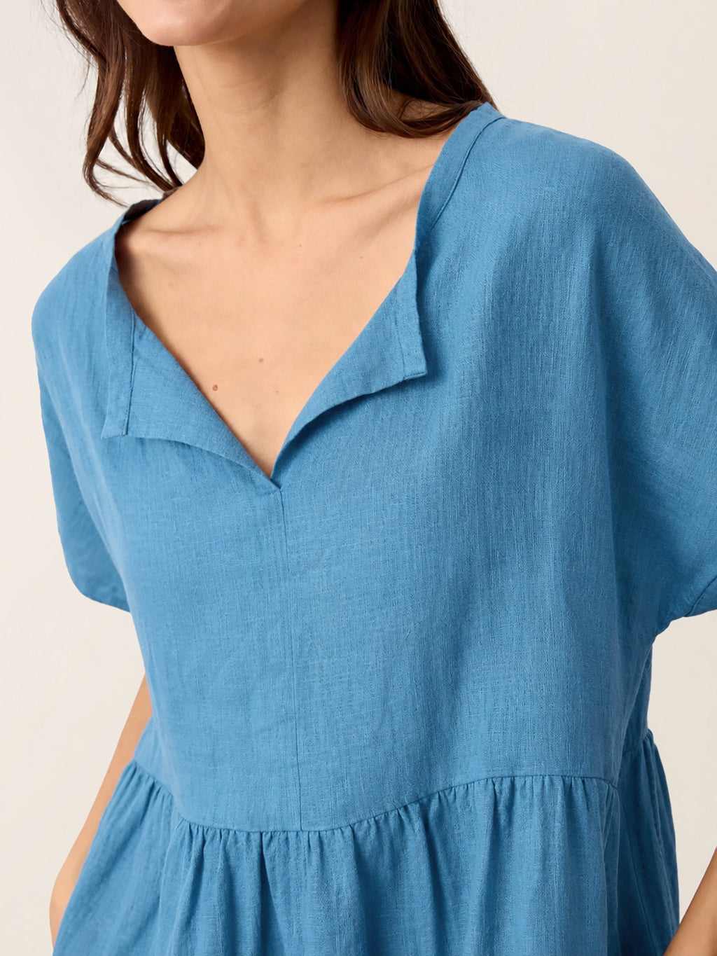 Linen Gathered-Hem Split-Neck Mini Dress SYDNEY