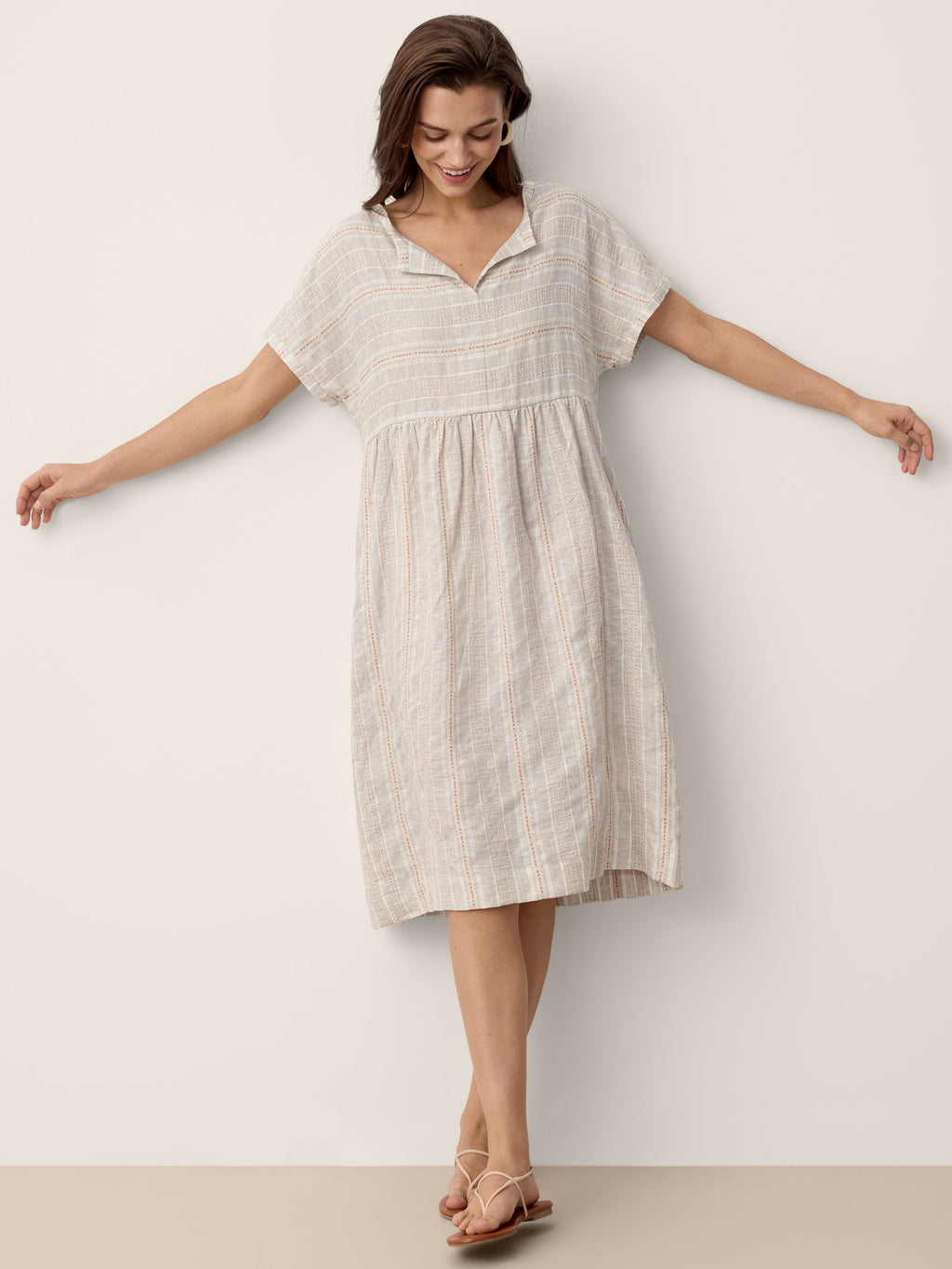 Linen Gathered-Hem Split-Neck Mini Dress SYDNEY