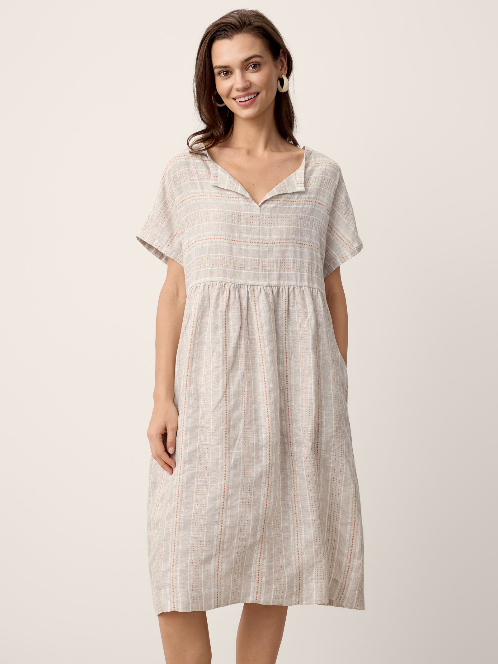 Linen Gathered-Hem Split-Neck Mini Dress SYDNEY
