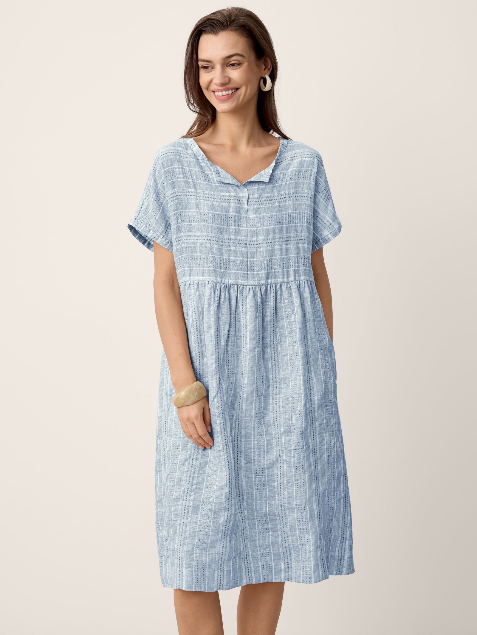 Linen Gathered-Hem Split-Neck Mini Dress SYDNEY