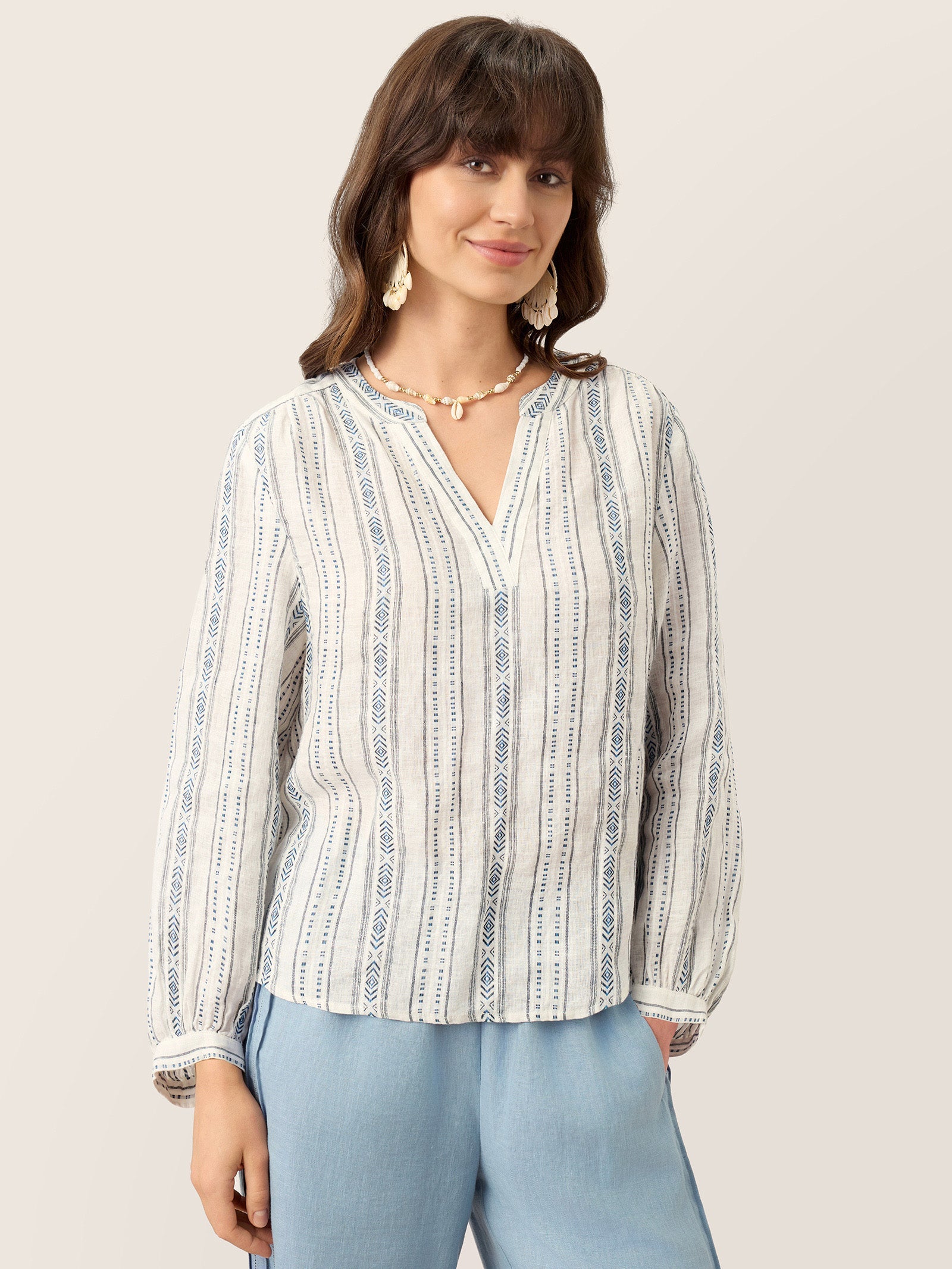 Linen Tribal Stripe Split Neck Bohemian Blouse KERENZA