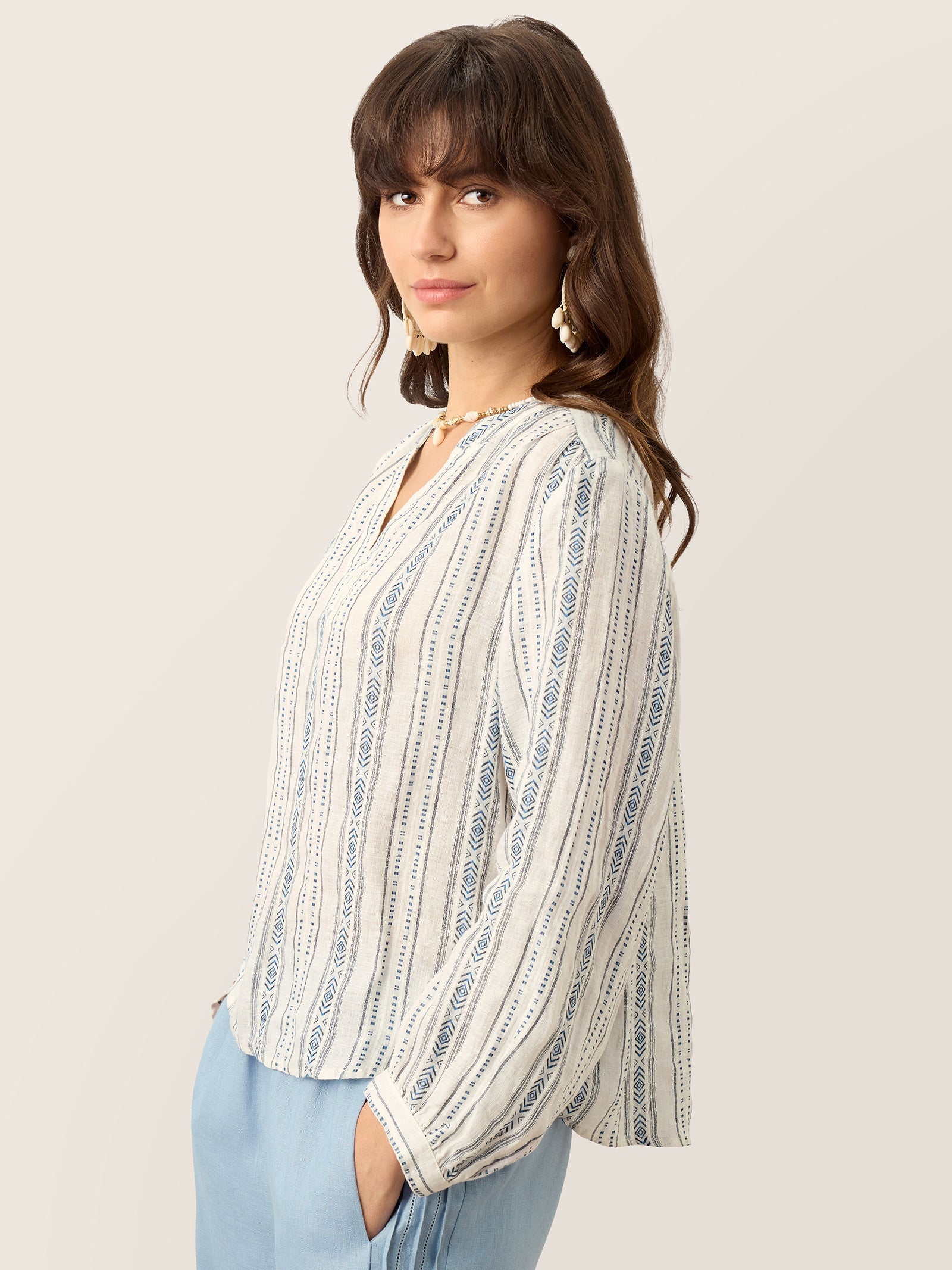 Linen Tribal Stripe Split Neck Bohemian Blouse KERENZA