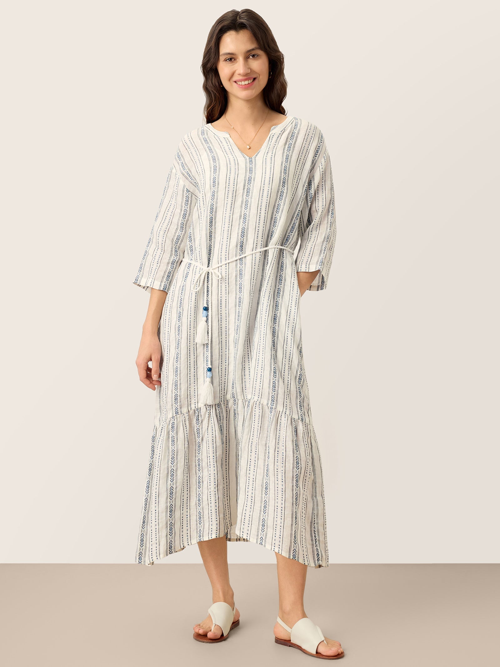 Linen Tribal Stripe Split Neck Bohemian Ruffle Midi Dress with Woven Belt and Slip MARLOWE