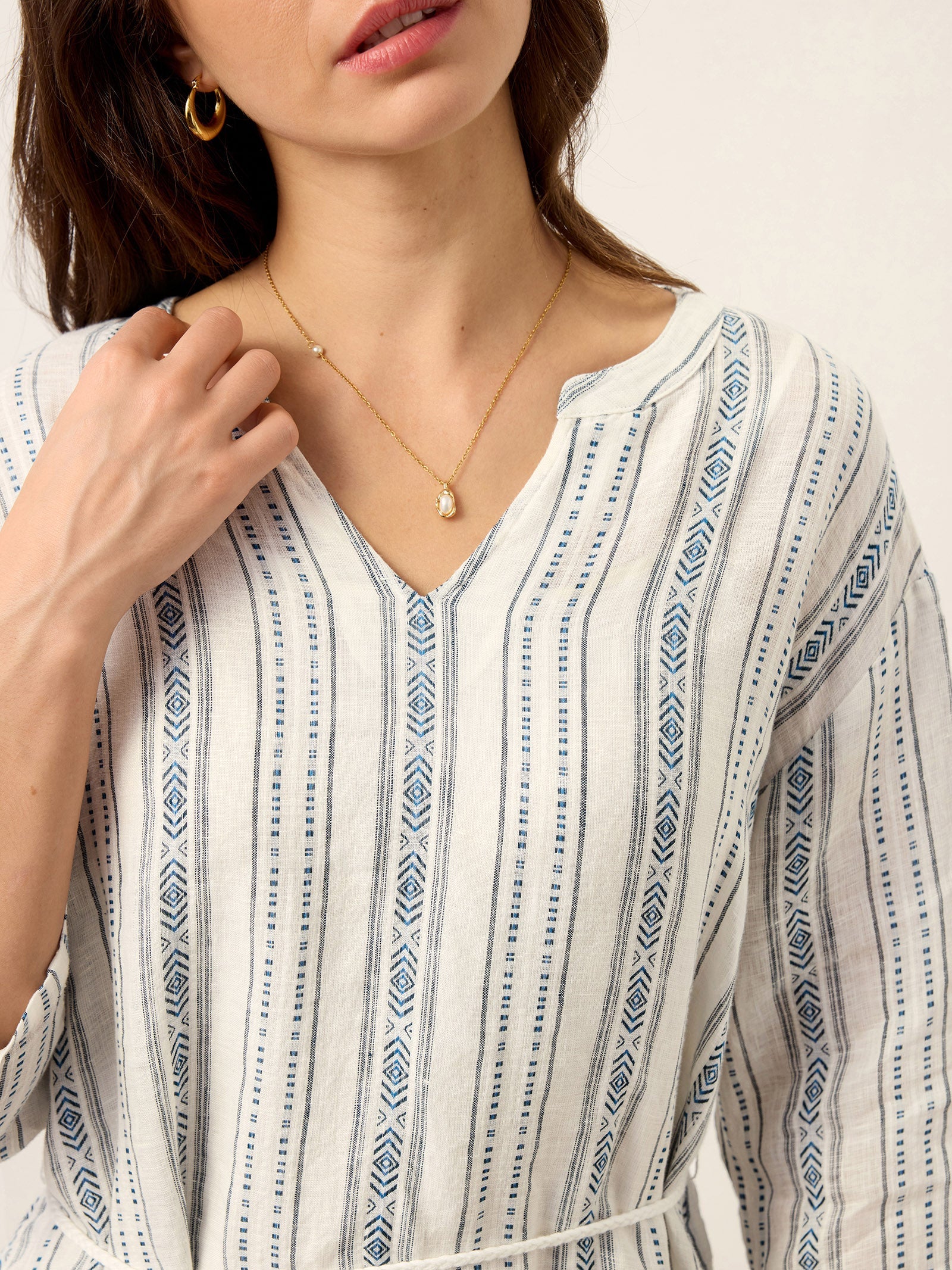 Linen Tribal Stripe Split Neck Bohemian Ruffle Midi Dress with Woven Belt and Slip MARLOWE