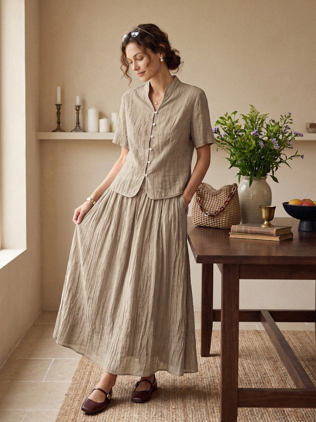Lyocell Textured Pleated Waist Skirt ROSAMUND