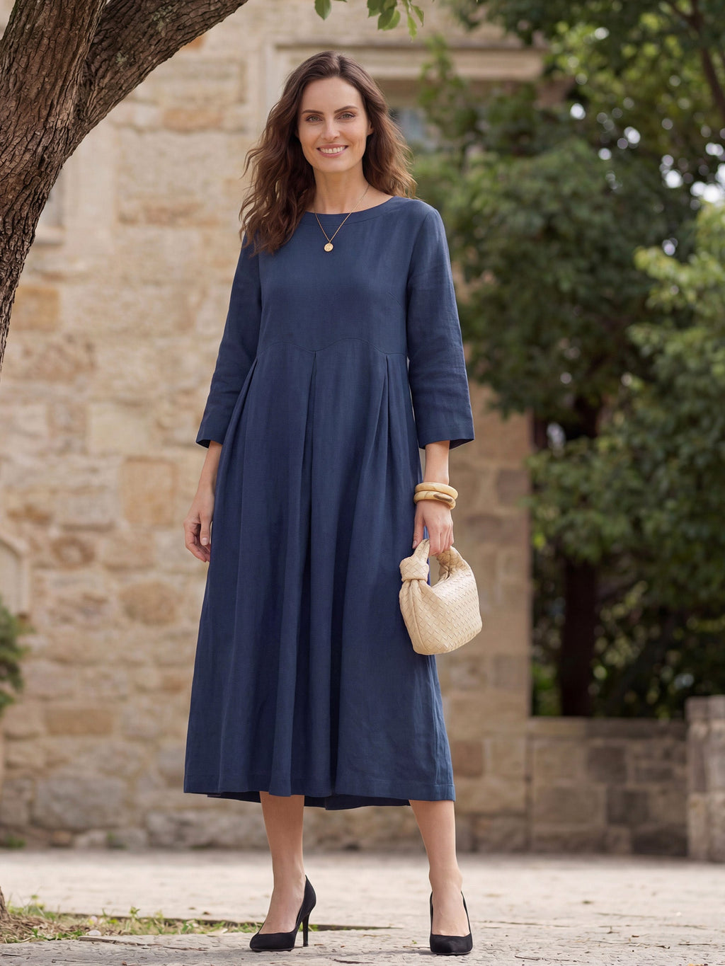 100% Linen Bateau Neck Pleated Midi Dress ABIGAIL