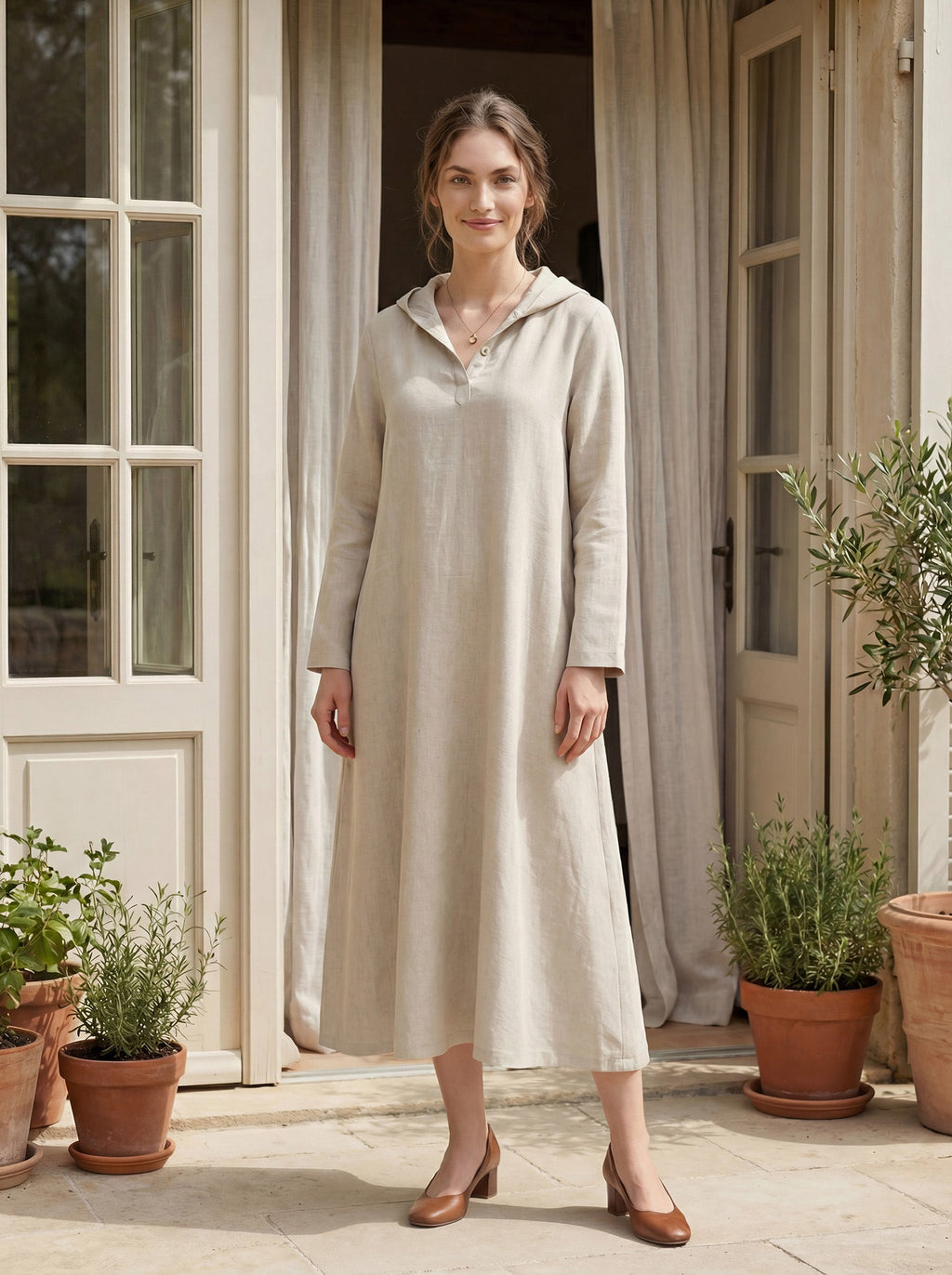 100% Linen Hooded Pullover Midi Dress REBECCA