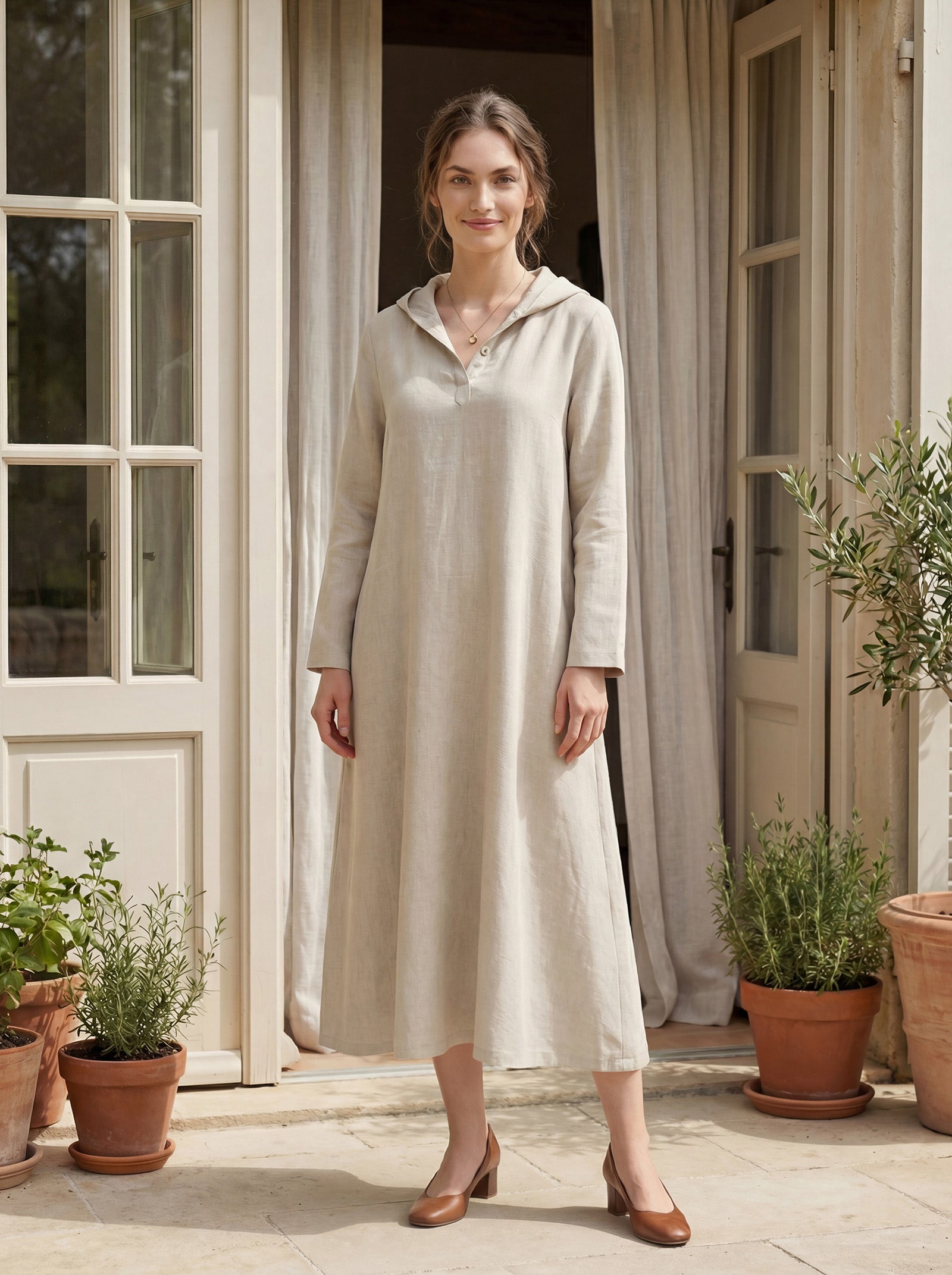100% Linen Hooded Pullover Midi Dress REBECCA