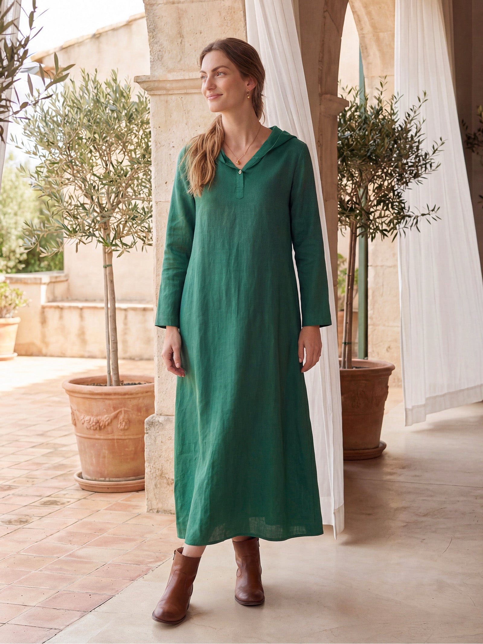 100% Linen Hooded Pullover Midi Dress REBECCA