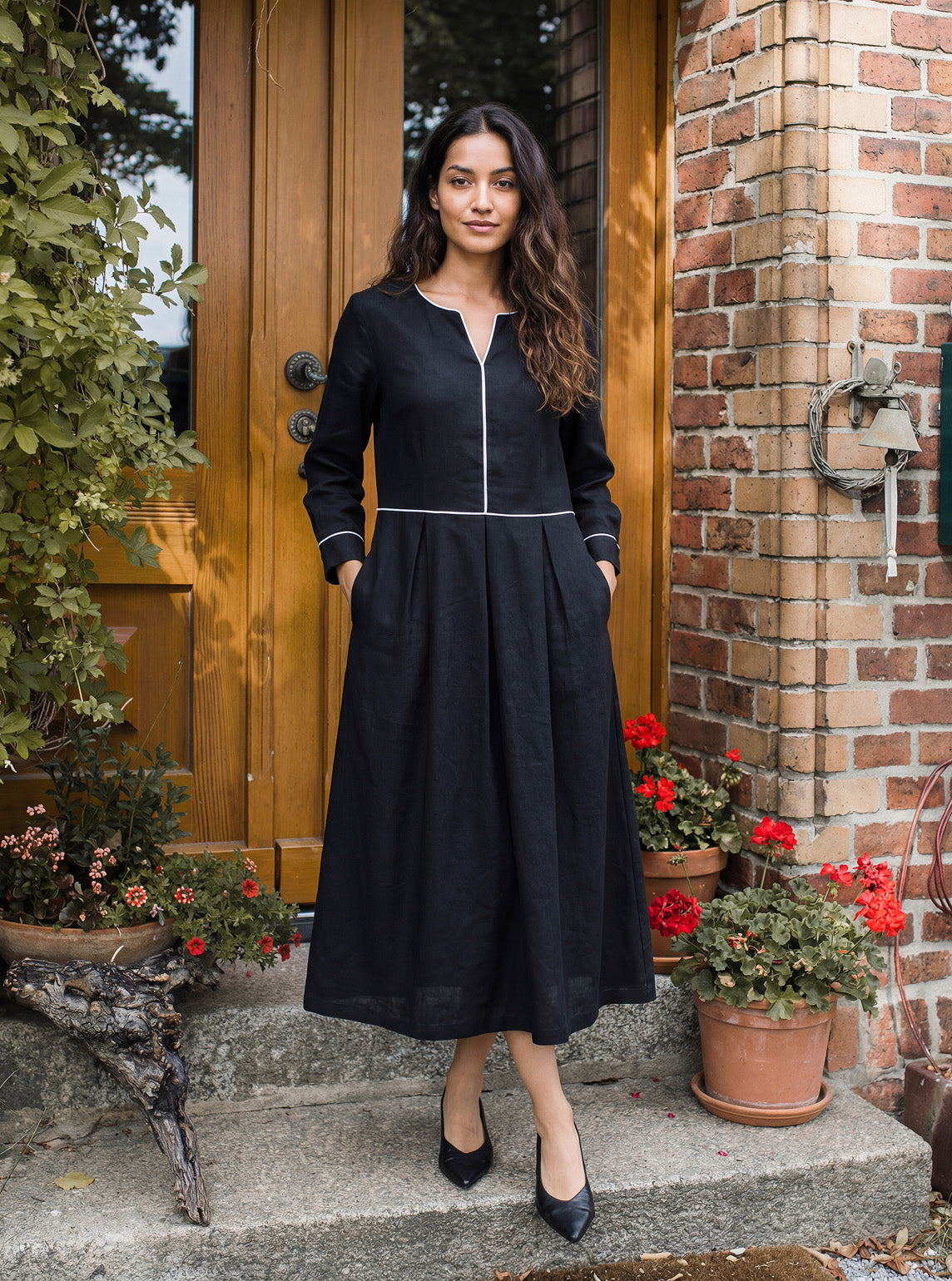 Linen-Lyocell Contrast Trim Gathered Midi Dress NYX