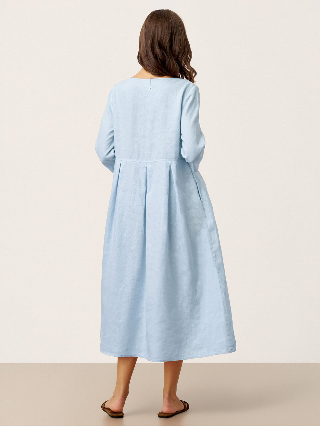 100% Linen Crescent Neck Decorative Button Waist Pleated Midi Dress GWENYTH