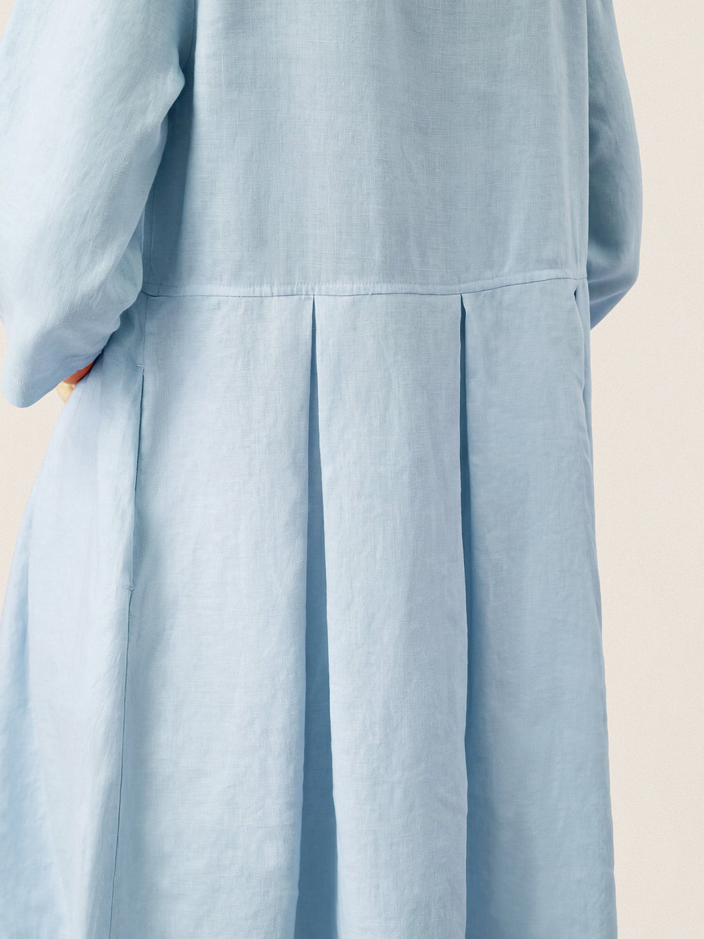 100% Linen Crescent Neck Decorative Button Waist Pleated Midi Dress GWENYTH