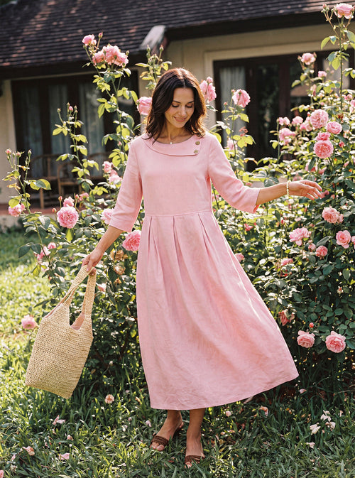 100% Linen Crescent Neck Decorative Button Waist Pleated Midi Dress GWENYTH