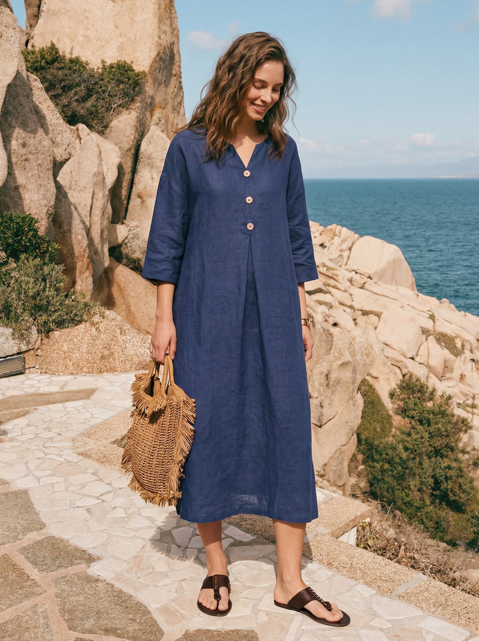 100% Linen Notch Neck Inverted Pleat Midi Dress MATILDE