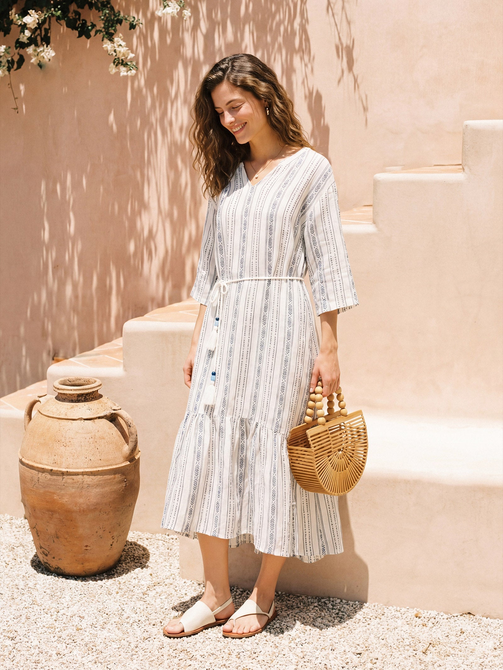 Linen Tribal Stripe Split Neck Bohemian Ruffle Midi Dress with Woven Belt and Slip MARLOWE