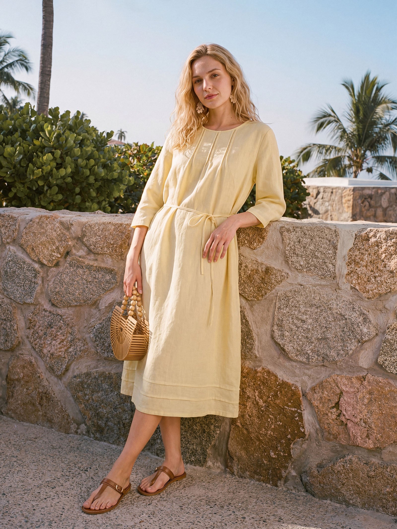 100% Linen Pintucked Embroidered Adjustable Belt Tiered Midi Dres VERENA