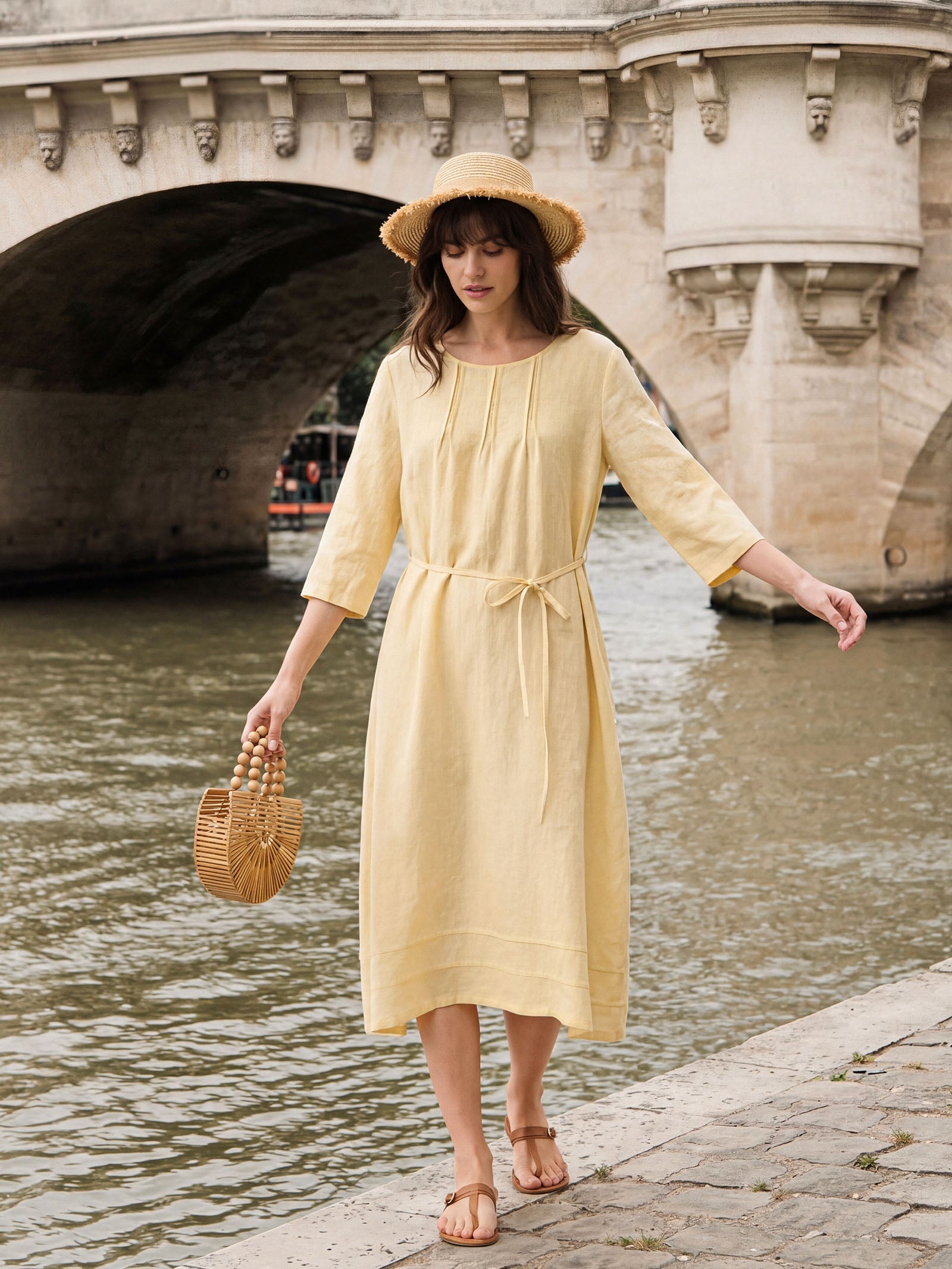 100% Linen Pintucked Embroidered Adjustable Belt Tiered Midi Dres VERENA