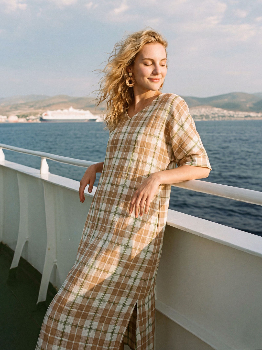 100% Linen Plaid Deep V-Neck Drop Shoulder Side Slit Midi Dress LESLIE