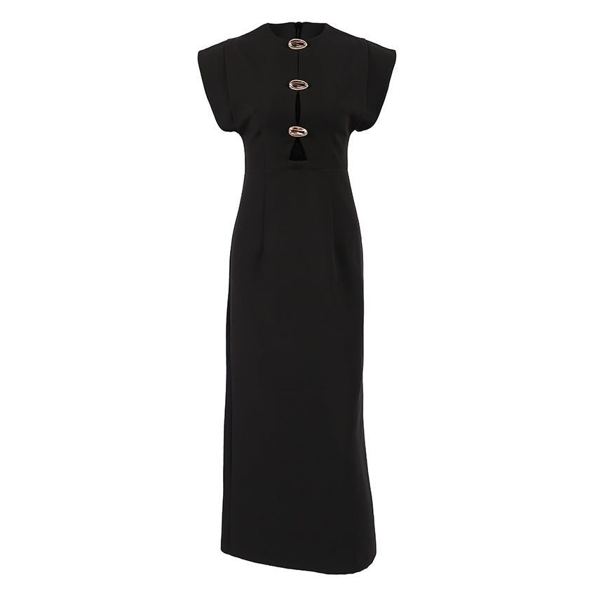 Summer Women Clothing Black Design Tight Waist Hollow Out Cutout Commuting Elegant Dress