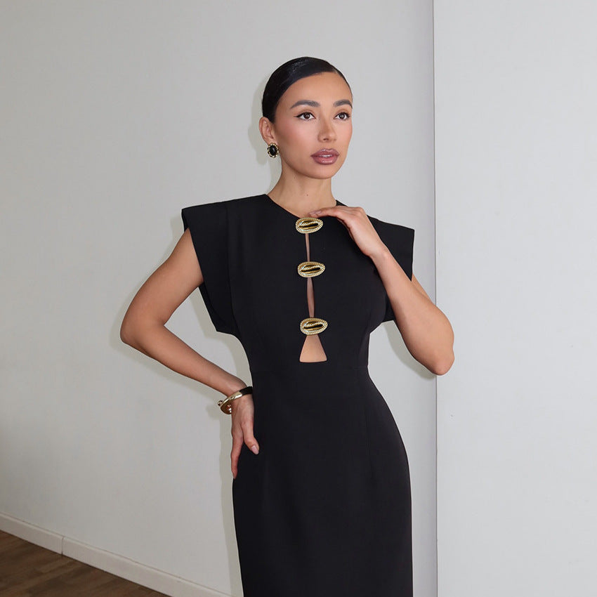 Summer Women Clothing Black Design Tight Waist Hollow Out Cutout Commuting Elegant Dress