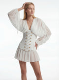 Spring Elegant Retro Cinched Waist Slim Fit Slimming Deep V Plunge neck Long Sleeve Dress Women