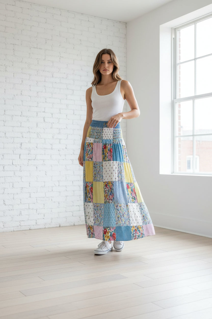 Printed Stitching Women Clothing Popular Floral Skirt Long Skirt