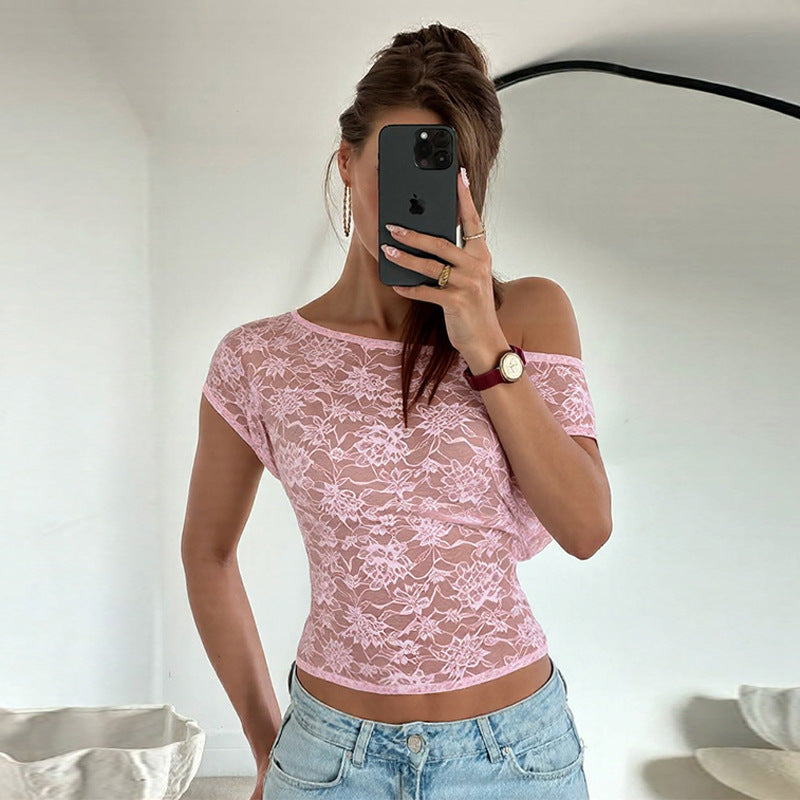 Women Clothing Winter Sexy Slim Hollow Out Cutout Lace Diagonal Collar Tight T shirt Sheer Top