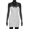 Women Clothing Summer Casual Polka Dot Print Sleeveless Strap Lace Tight Short Dress