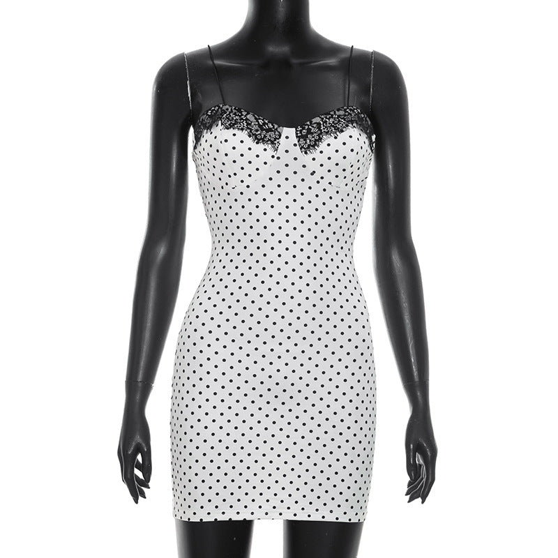 Women Clothing Summer Casual Polka Dot Print Sleeveless Strap Lace Tight Short Dress