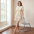 Pleated Dress Apricot French Retro Crew Neck Tweed Breasted Waist Trimming Short Sleeved Pleated Dress