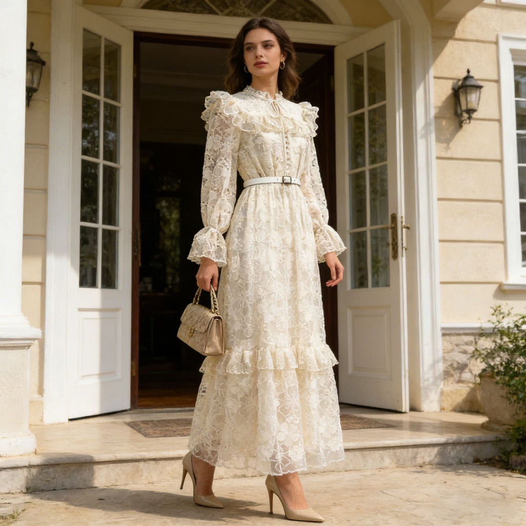 Summer Elegant Retro Lace Belt Lantern Sleeve Slim Slimming High Waist Dress Women
