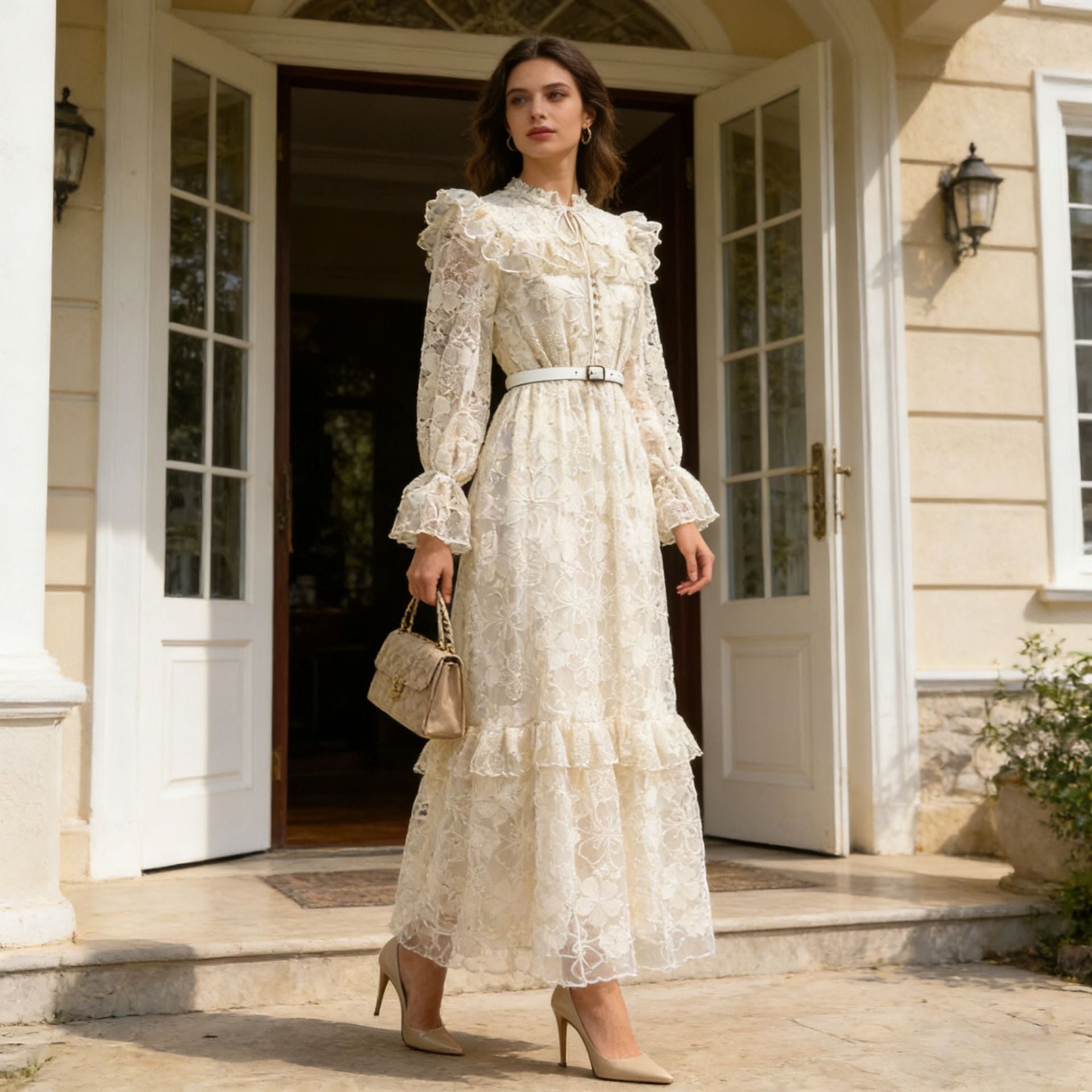 Summer Elegant Retro Lace Belt Lantern Sleeve Slim Slimming High Waist Dress Women