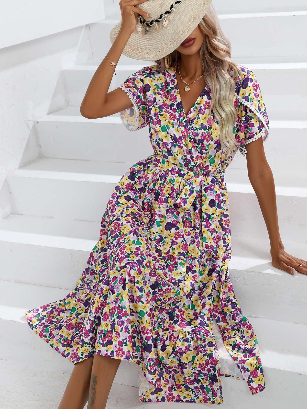 Women Clothing Dress Summer Small Floral Split V neck Women Clothing