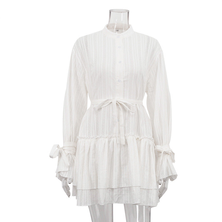 French Autumn Dress Women Clothing Stand up Collar Tie Ruffled Long Sleeve Short Dress