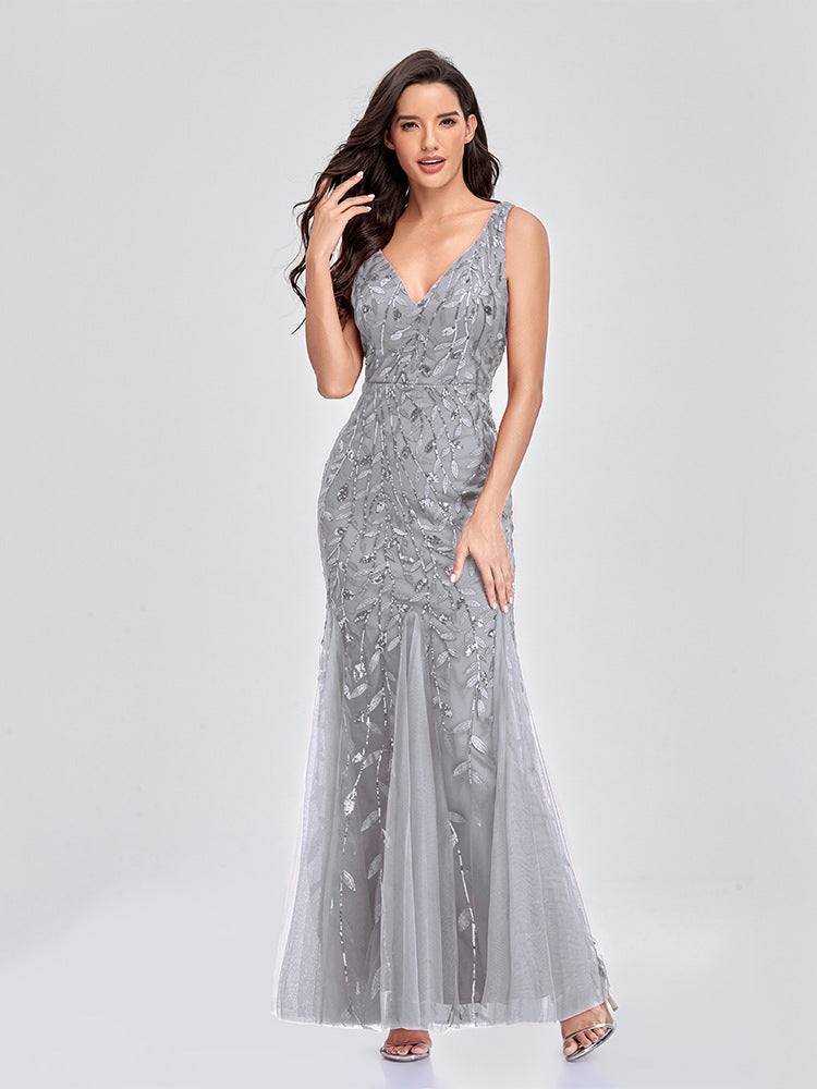 Evening Dress V neck Tulle Embroidered Sequ Sexy Mermaid Prom Dress Women Formal Dress