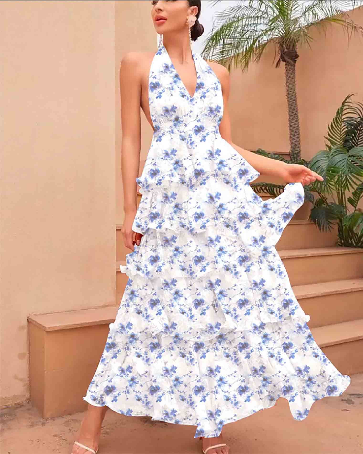 Spring Women Clothing Dress Sexy V neck Sling Multi Layer Printing Dress