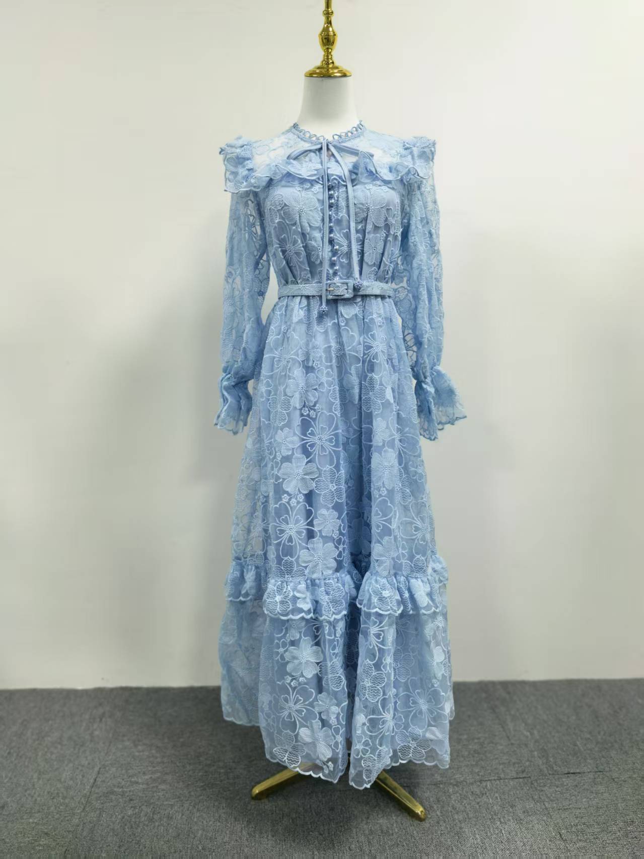 Summer Elegant Retro Lace Belt Lantern Sleeve Slim Slimming High Waist Dress Women