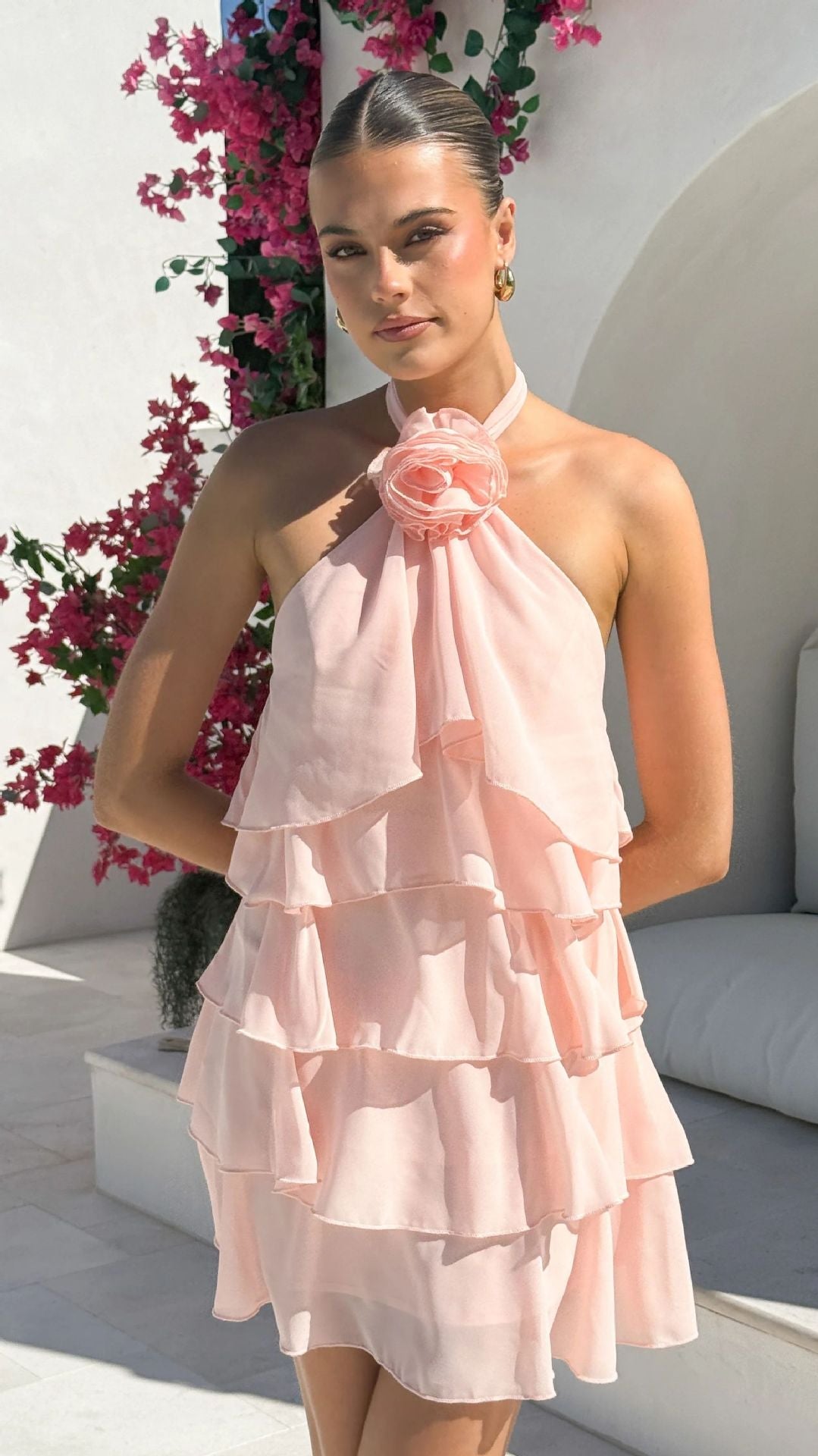 Summer Women Clothing Backless Halter Three Dimensional Floral Decorative Laminated Ruffled Short Dress