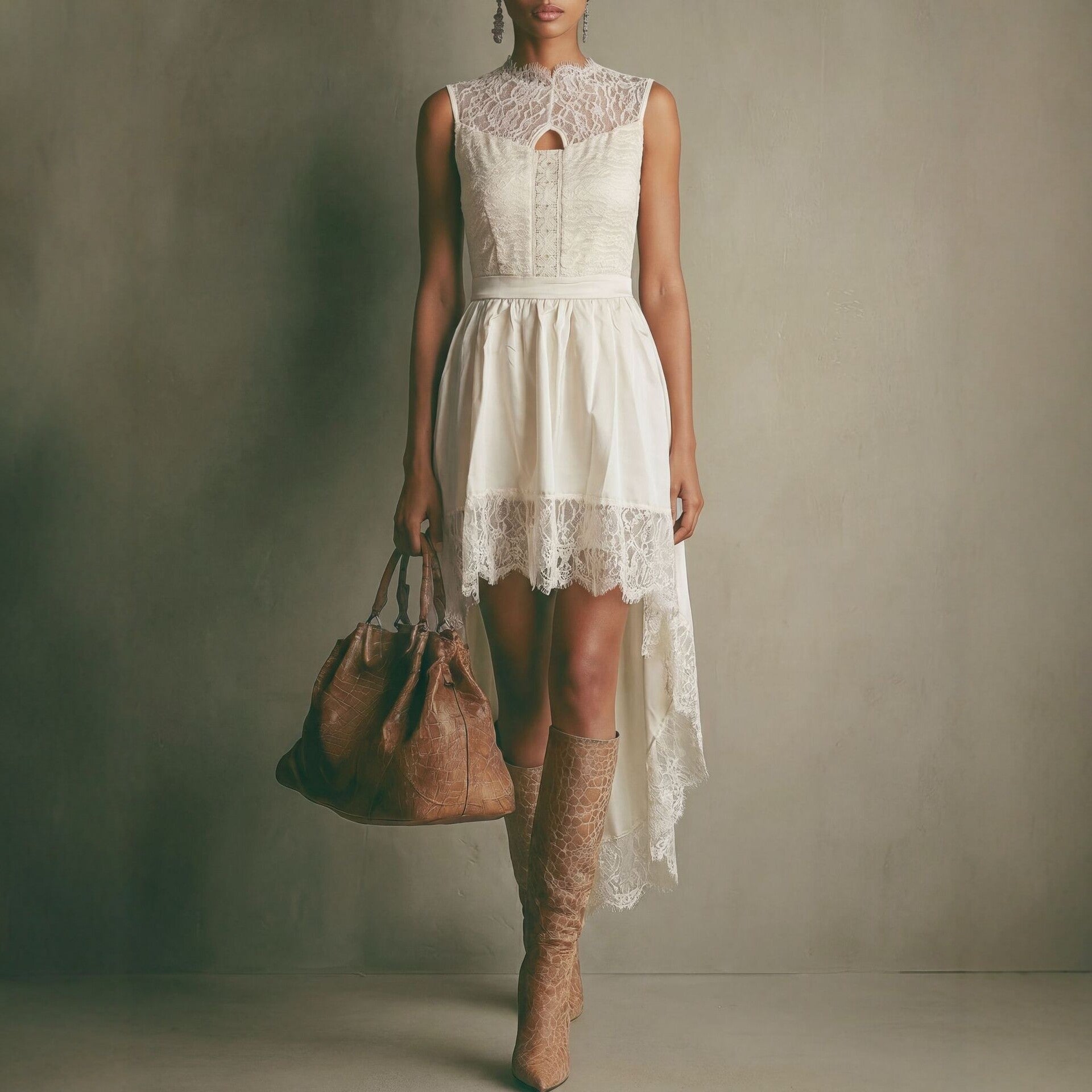 French Lace Hollow Out Cutout Sleeveless Dress Women Summer Vacation Irregular Asymmetric High Waist Dress without Belt
