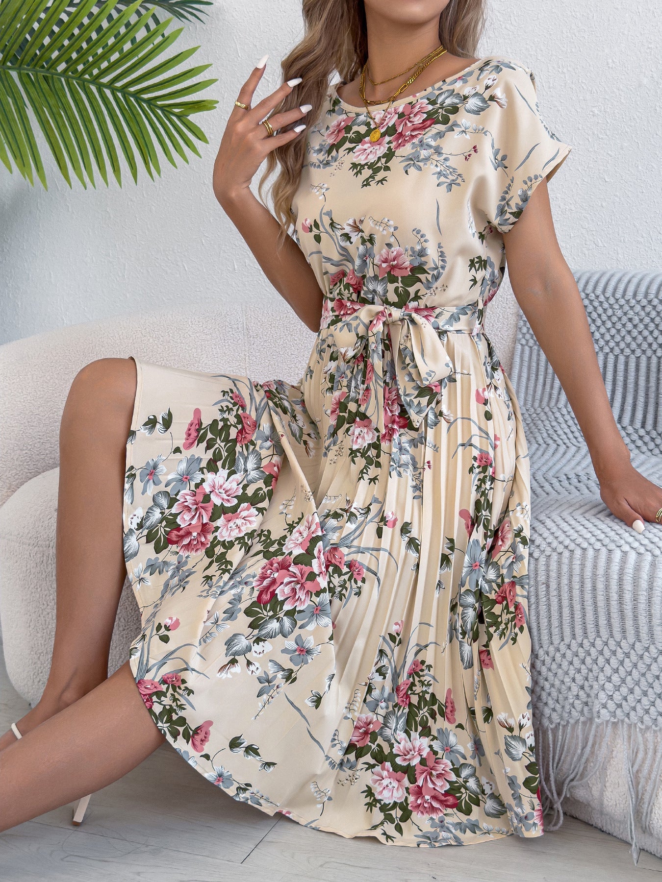 Women Clothing Spring Summer Elegant Floral Batwing Sleeve Lace up Cinched Waist Pleated