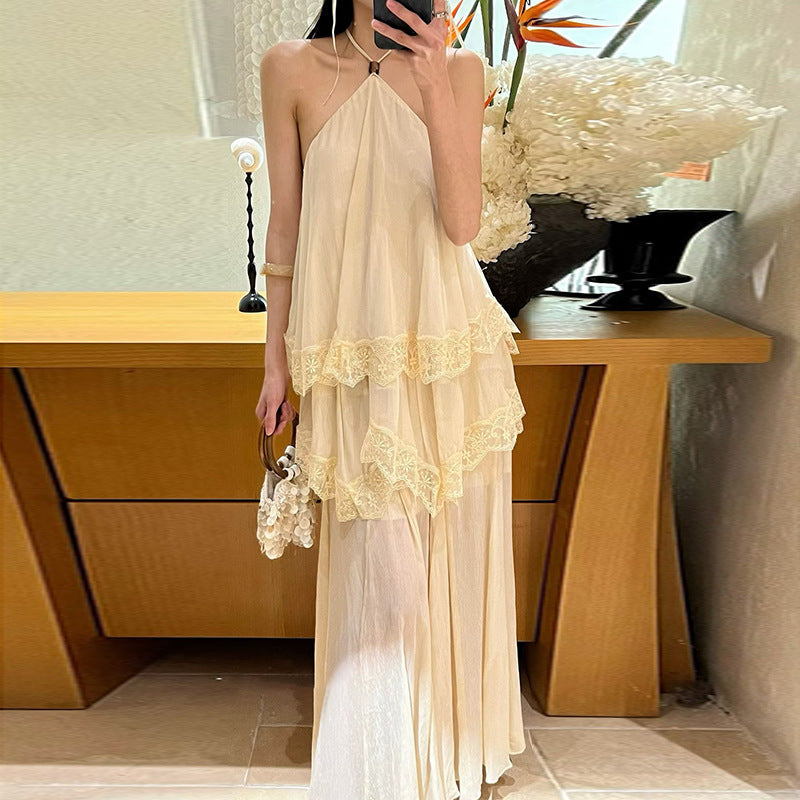 Modern Romantic Tiered Dress Halter Sleeveless Loose Profile Lace High Grade Dress
