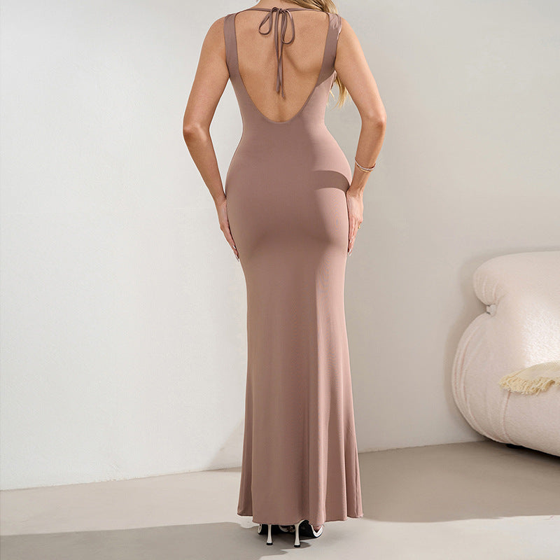 Milk Silk Dress Sexy V neck Halter Backless Pleated Long Fish Tail Dress