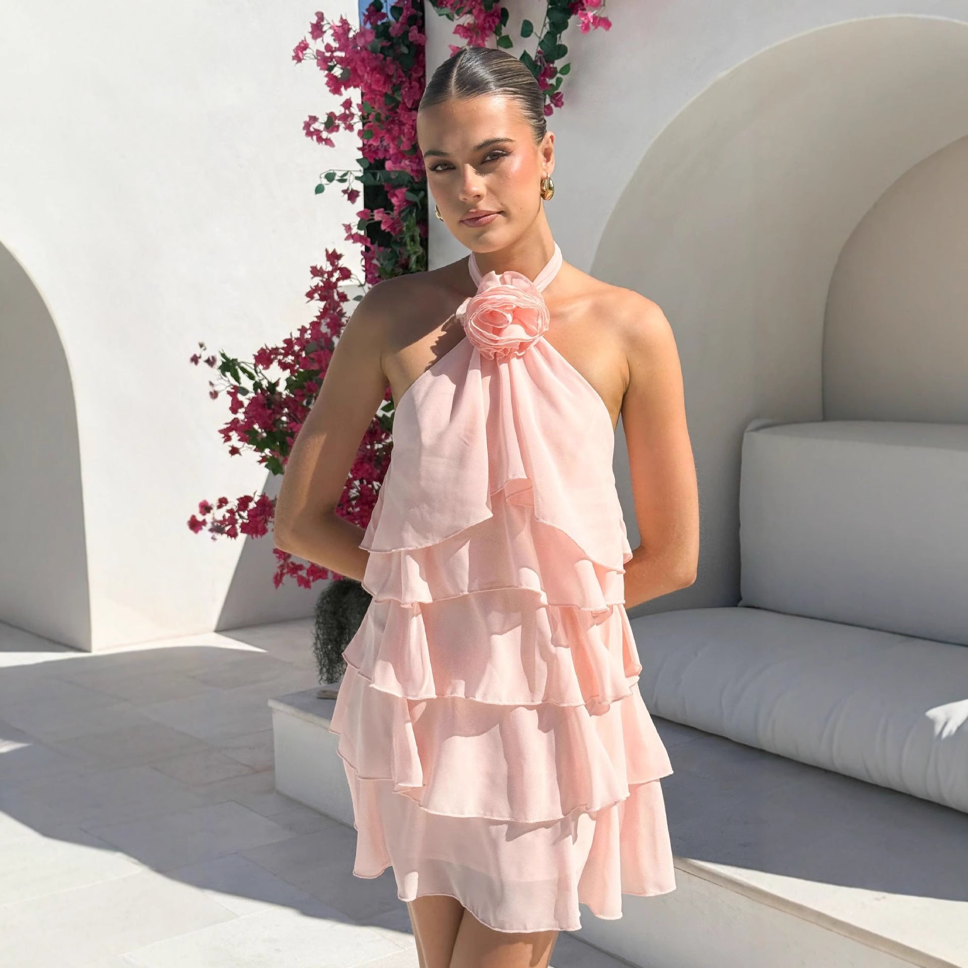 Summer Women Clothing Backless Halter Three Dimensional Floral Decorative Laminated Ruffled Short Dress