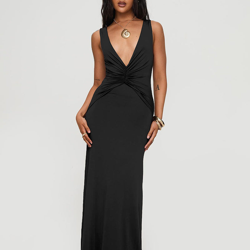 Milk Silk Dress Sexy V neck Halter Backless Pleated Long Fish Tail Dress