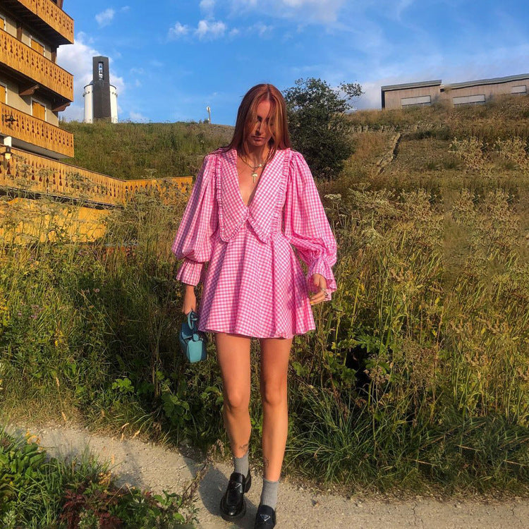 Women Clothing Pink Plaid Doll Collar Long Sleeve Dress Graceful Fashionable A line Dress