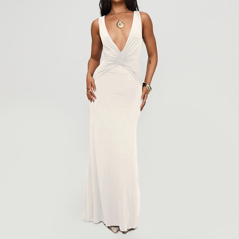 Milk Silk Dress Sexy V neck Halter Backless Pleated Long Fish Tail Dress