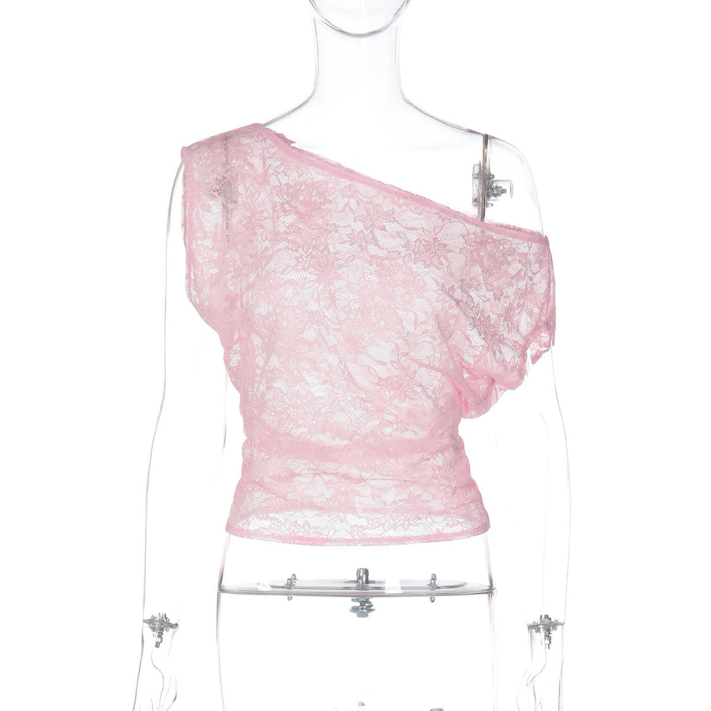 Women Clothing Winter Sexy Slim Hollow Out Cutout Lace Diagonal Collar Tight T shirt Sheer Top