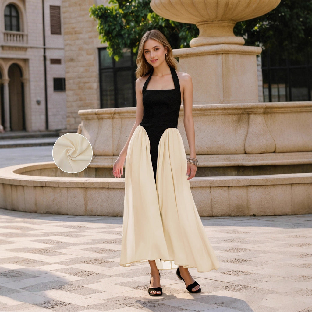 Socialite Elegant Women Dress Slim Fit Black White Stitching Sleeveless Halter Backless Maxi Dress off Neck Dress